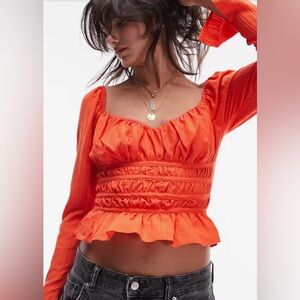 Top shop Smocked Ruffle Hem Crop Top Red.